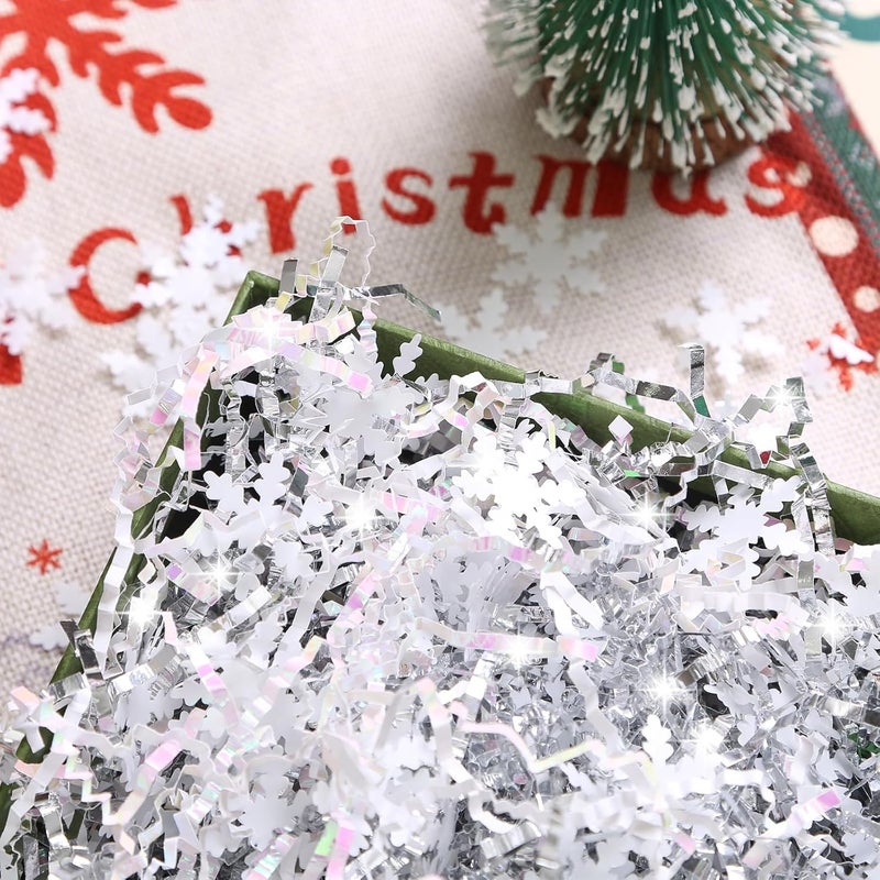 PAPER FAIR 1LB Metallic Silver Diamond White Crinkle Cut Paper Shred Filler w/Snowflake Confetti, Christmas Gift Wrap Packaging Strand, Craft Bedding Cushion, Birthday Box Basket - Image 4